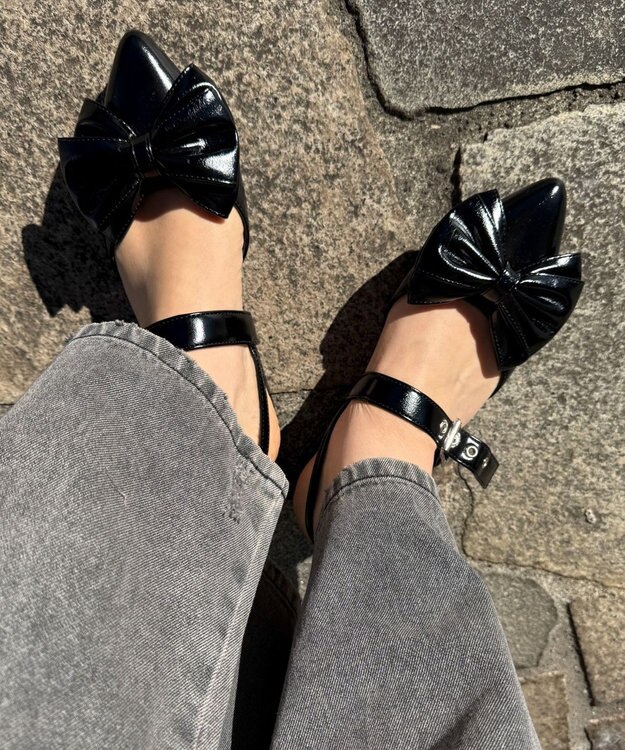 WEGO ダブルリボンポインテッドシューズ ブラック