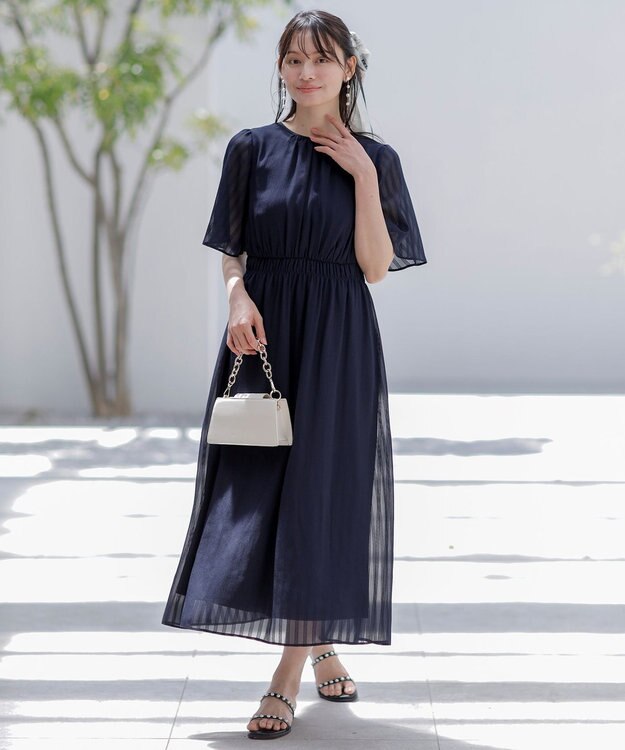 ANY SIS L 【洗える】シアーパターン ワンピース ネイビー