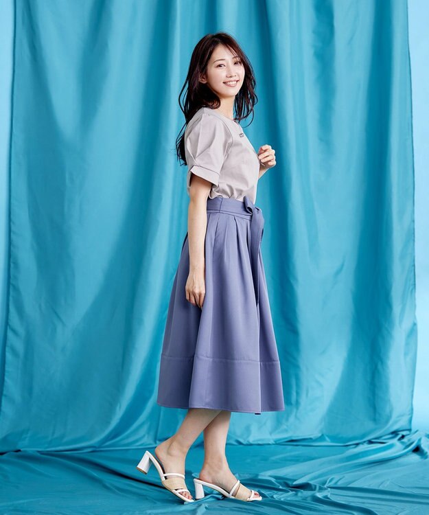Tiaclasse L 【洗える】リボン付きフレアスカート ブルー
