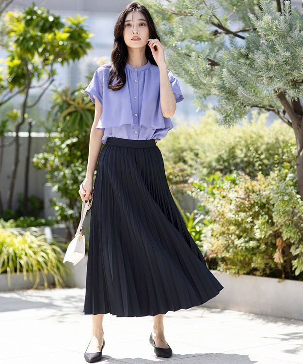 ANY SIS 【UVカット・アンチピリング・洗える】ウーステッドエステル  プリーツスカート ネイビー