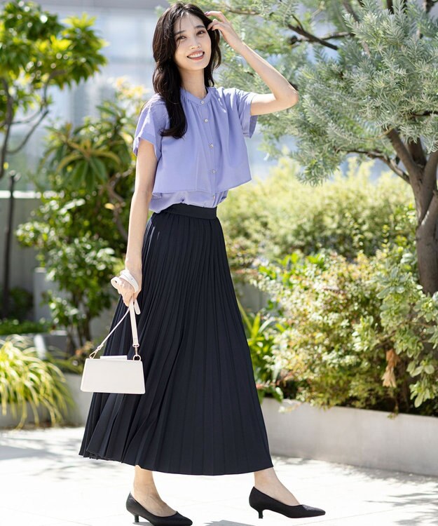 ANY SIS 【UVカット・アンチピリング・洗える】ウーステッドエステル  プリーツスカート ネイビー