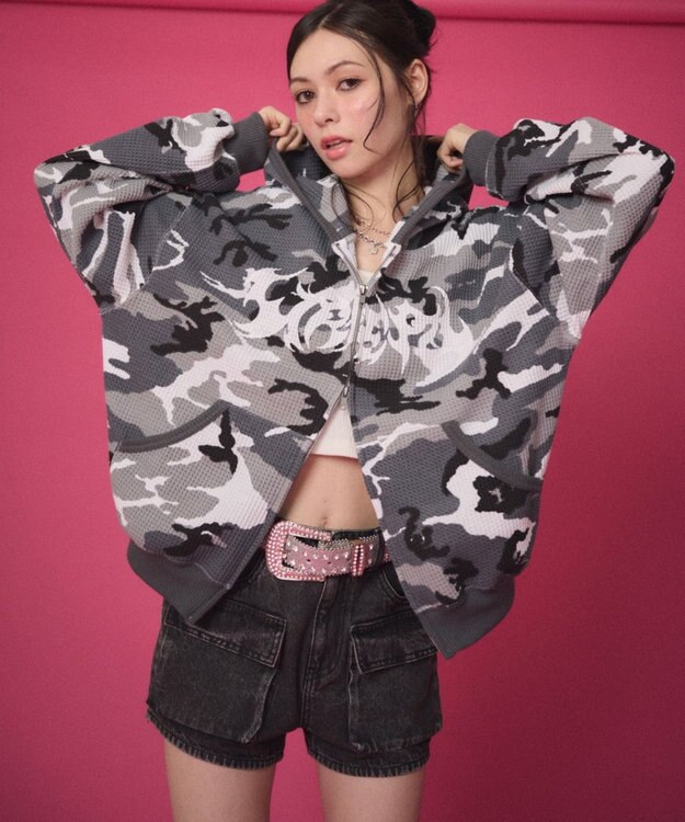 WEGO 【ユニセックス着用ITEM】ワッフルグラフィックカットZIPパーカー 柄1