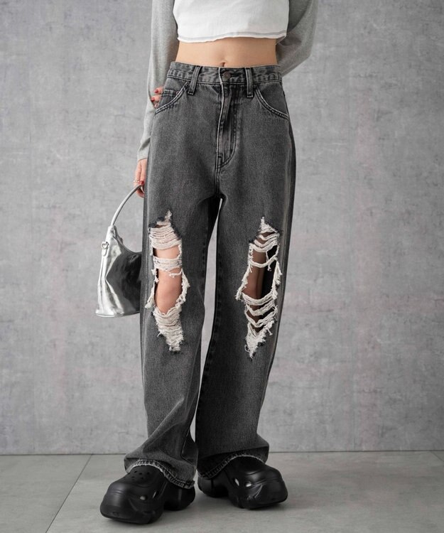 WEGO ヴィンテージウォッシュダメージデニムパンツ ブラックその他