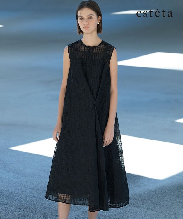 23区 【エステータ】シャドーチェック アシンメトリー ワンピース ブラック系