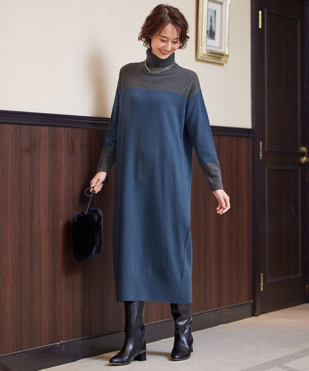 自由区 【洗える】セミウーステッドウール ニットワンピース ブルー系1
