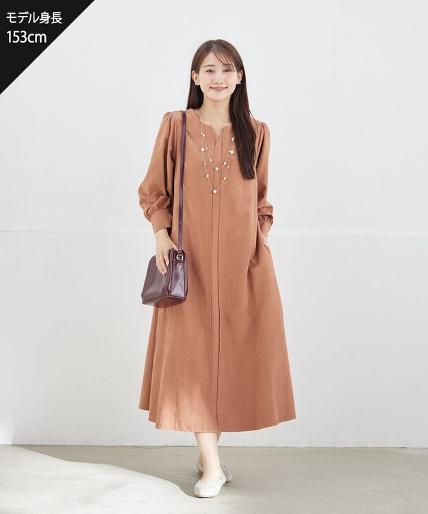 Tiaclasse 【洗える】ピーチスキンAラインワンピース キャメル
