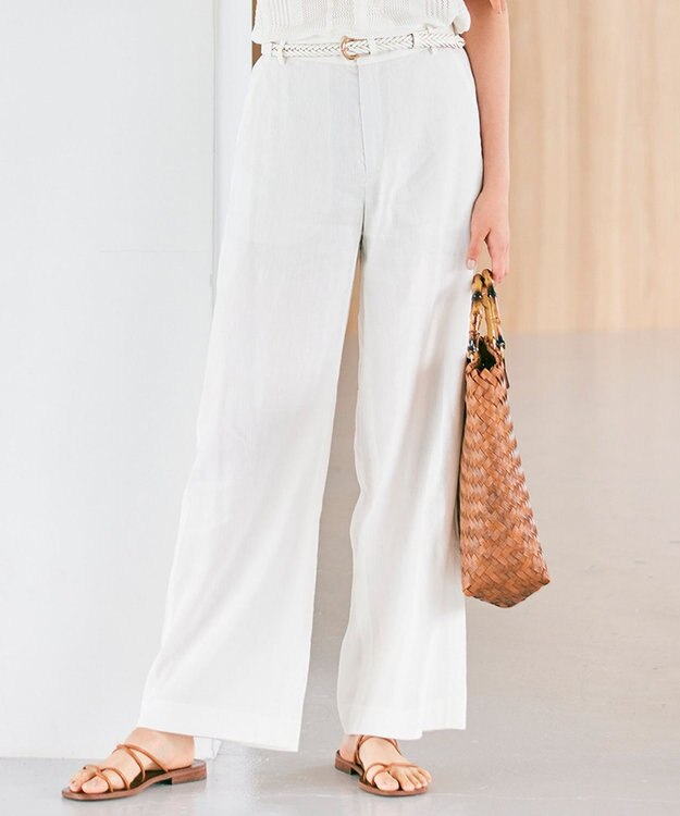 23区 【洗える】リネンレーヨンストレッチ ワイド パンツ ホワイト系