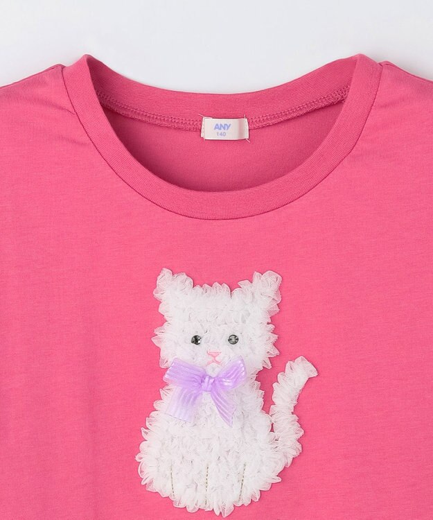 ANY KIDS 【綿100%】ひんやり フリル袖 もしゃもしゃTシャツ ピンク×ネコ