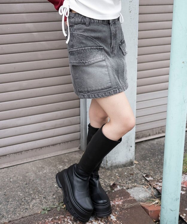 WEGO ヴィンテージウォッシュカーゴミニスカート デニムブラックソノタ