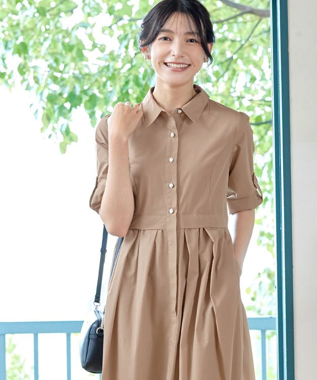 Tiaclasse L 【洗える】パール釦フレアシャツワンピース モカ