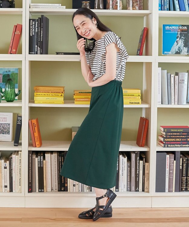 ANY L 【洗濯機可/ウエストゴム】Ａラインジャージースカート グリーン