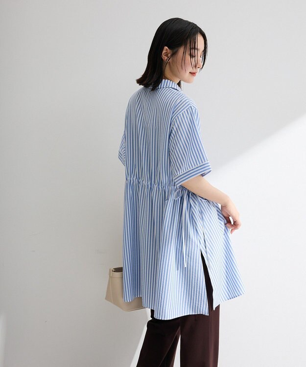 Green Parks ウエストリボンミディ丈ワンピース Stripe Blue