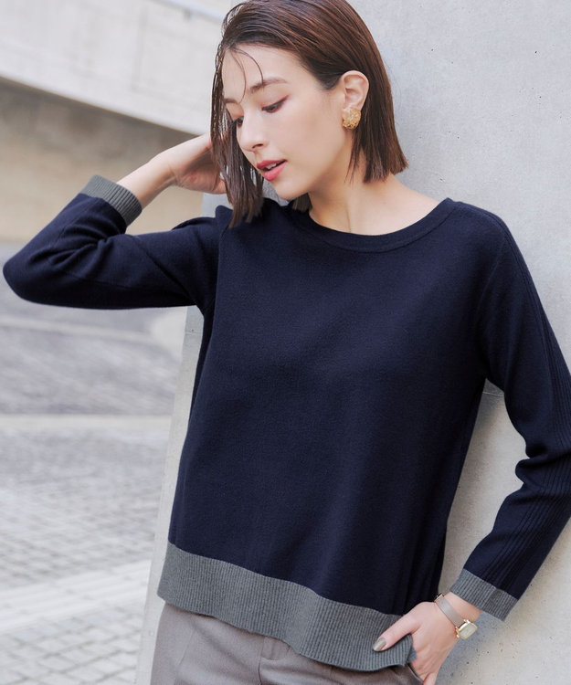 Tiaclasse 【洗える】 配色スリットニットトップス ネイビー