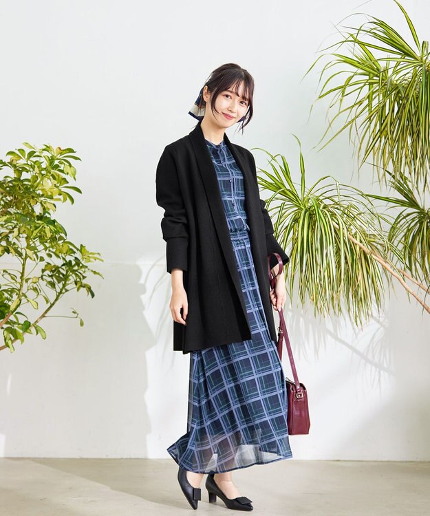 Tiaclasse L 【新色追加・洗える】チェック柄フレア袖シアーワンピース ネイビー