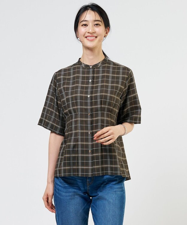 J.PRESS LADIES 【一枚で着映え】キュプラチェック  バンドカラー ブラウス ブラウン系