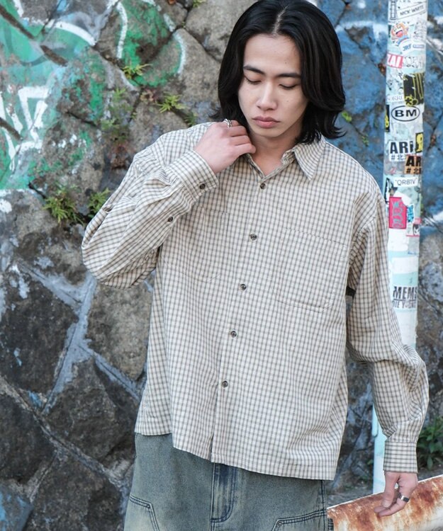 WEGO ミニマムチェックショートシャツ（LS） ベージュチェック1