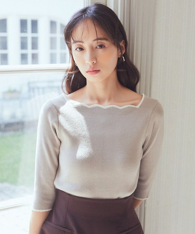 earth music&ecology 襟袖スカラップ配色プルオーバー Gray Beige