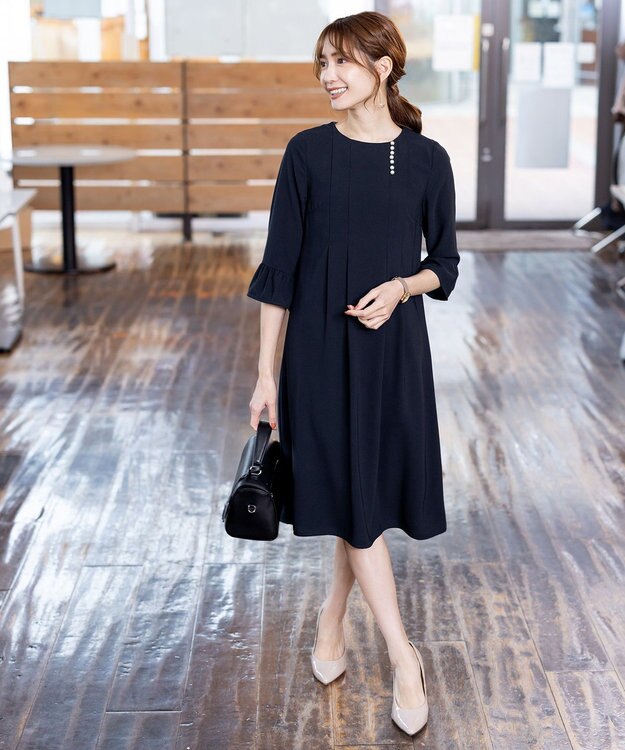 Tiaclasse L 【洗える】飴玉パールフレア袖ワンピース ネイビー