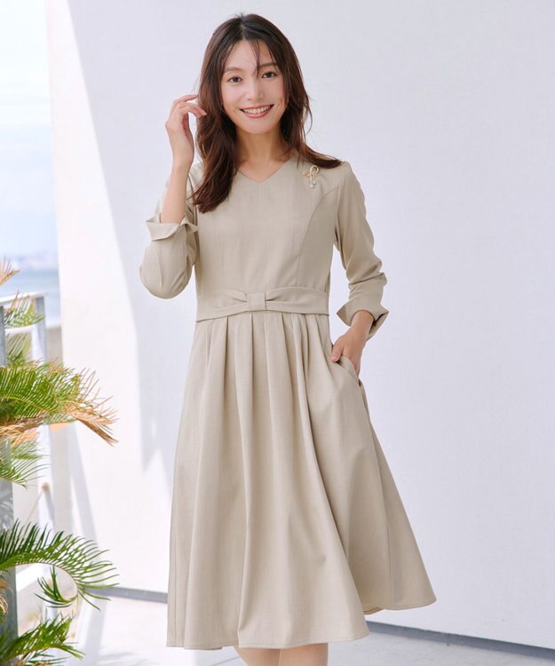 Tiaclasse L リボンウエスト切替ワンピース グレージュ