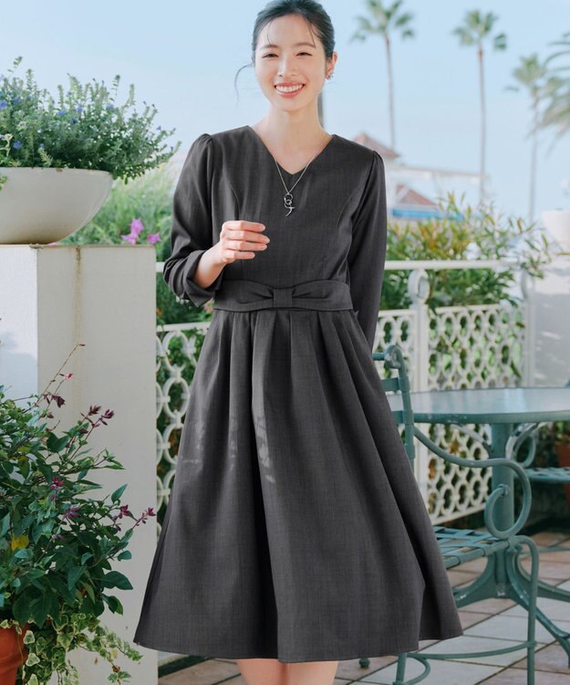 Tiaclasse L リボンウエスト切替ワンピース チャコールグレー