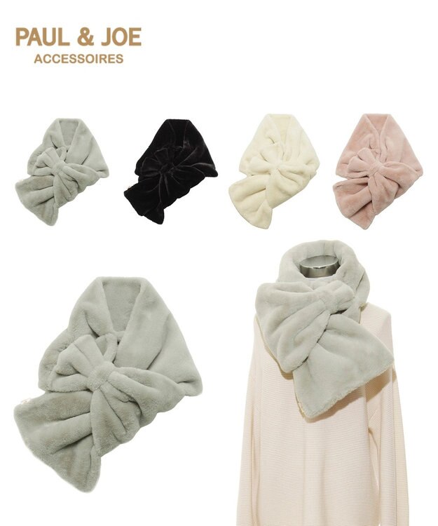 MOONBAT 【WEB限定ラッピング袋付】PAUL & JOE ACCESSOIRES フェイクファービッグリボンマフラー ライトグレー
