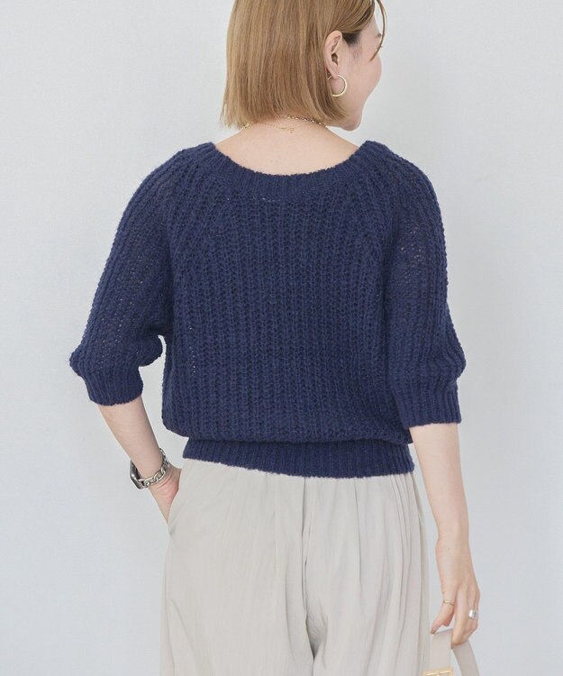 AMERICAN HOLIC モヘヤ風シアー半袖ニットトップス Navy