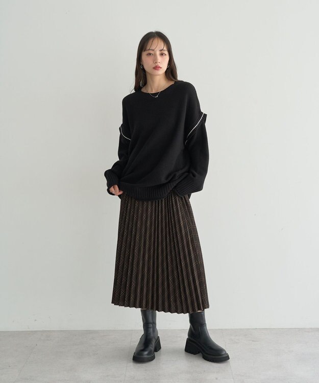 earth music&ecology 【洗濯機洗い可 / 選べる丈】アンチピリングC/A選べる丈配色ニット ブラック