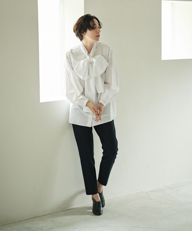 #Newans 【シワになりにくい/洗濯機可能/袖ゴム】ビッグリボンブラウス ホワイト