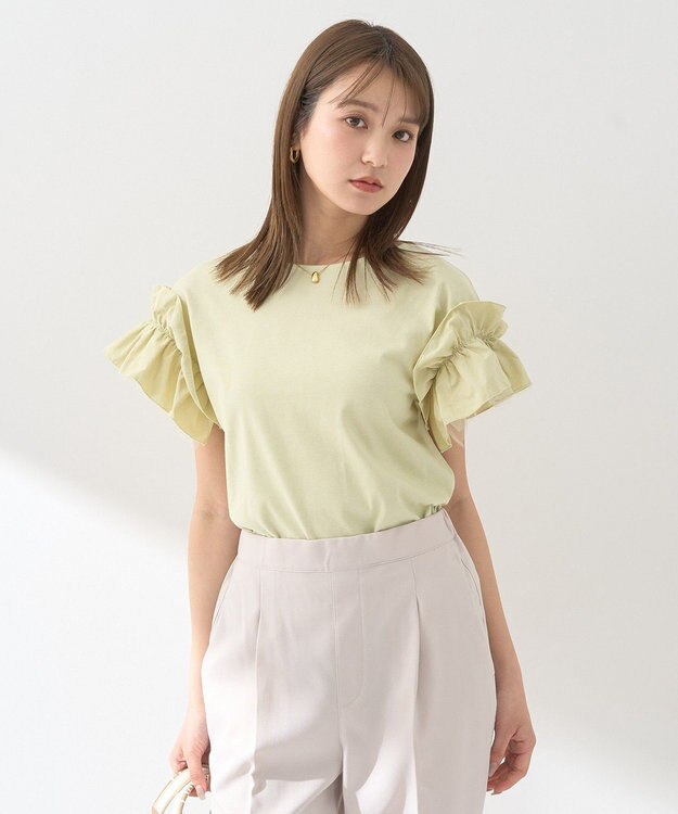 earth music&ecology 【接触冷感/洗濯機可】ギャザーフリルスリーブカットソー Yellow