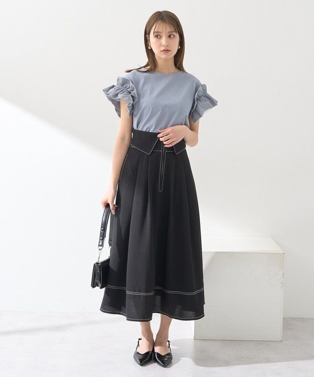 earth music&ecology 【接触冷感/洗濯機可】ギャザーフリルスリーブカットソー Sax