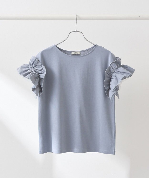 earth music&ecology 【接触冷感/洗濯機可】ギャザーフリルスリーブカットソー Sax