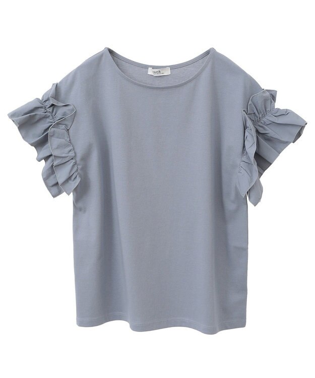 earth music&ecology 【接触冷感/洗濯機可】ギャザーフリルスリーブカットソー Sax