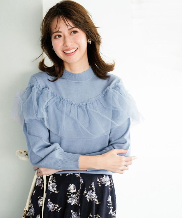 ANY SIS 【洗える】フリルチュールコンビ ニット ライトブルー