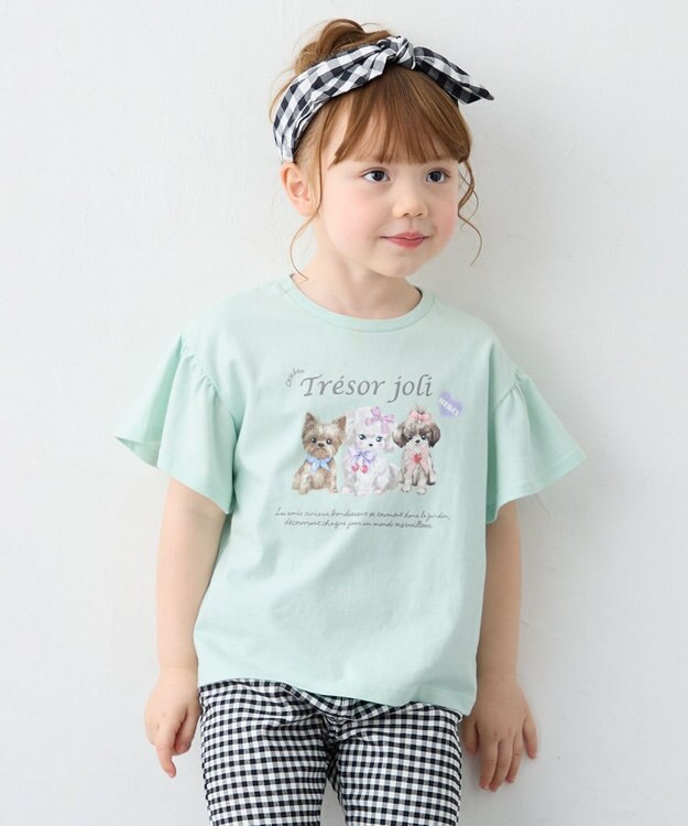 ANY KIDS 【綿100%】ドロップショルダー アニマルプリントTシャツ ミント×イヌ
