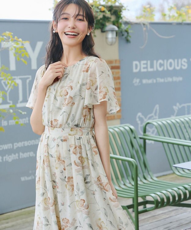 Tiaclasse 大花柄シフォンワンピース グレージュ