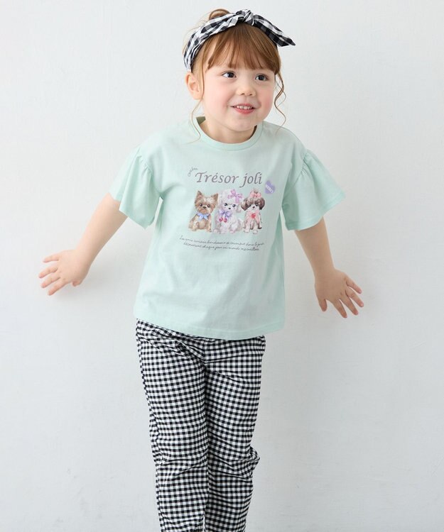 ANY KIDS 【綿100%】ドロップショルダー アニマルプリントTシャツ ミント×イヌ