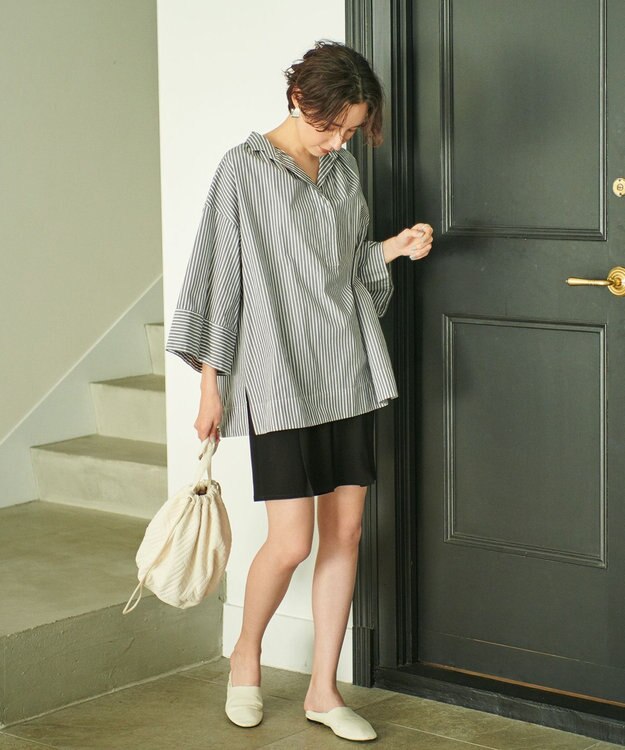 #Newans 【ANSWER for ヘルシーカジュアル】ワイドスリーブシャツ グレー系ストライプ