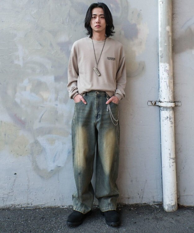 WEGO 【SMLサイズ展開】イージー3Dバレルレッグデニムパンツ デニム淡加工色