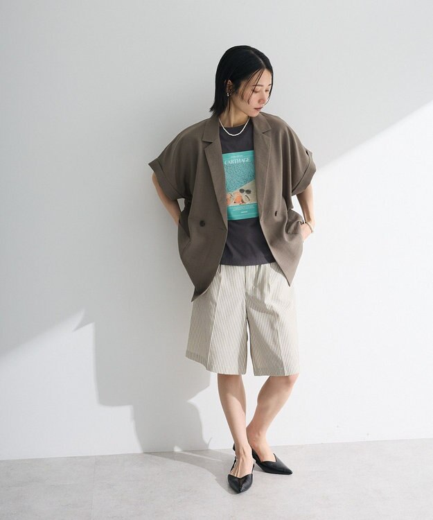 Green Parks 麻調フレンチスリーブジャケット Gray Beige