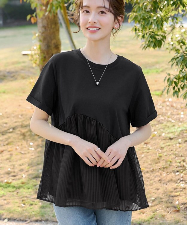 Tiaclasse 【おのののかさん着用】 「サマケア」ストライプチュール切り替えトップス ブラック