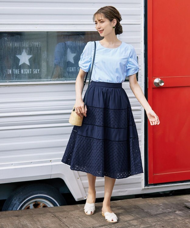 Tiaclasse L 【洗える】リボン袖ブラウス サックスストライプ