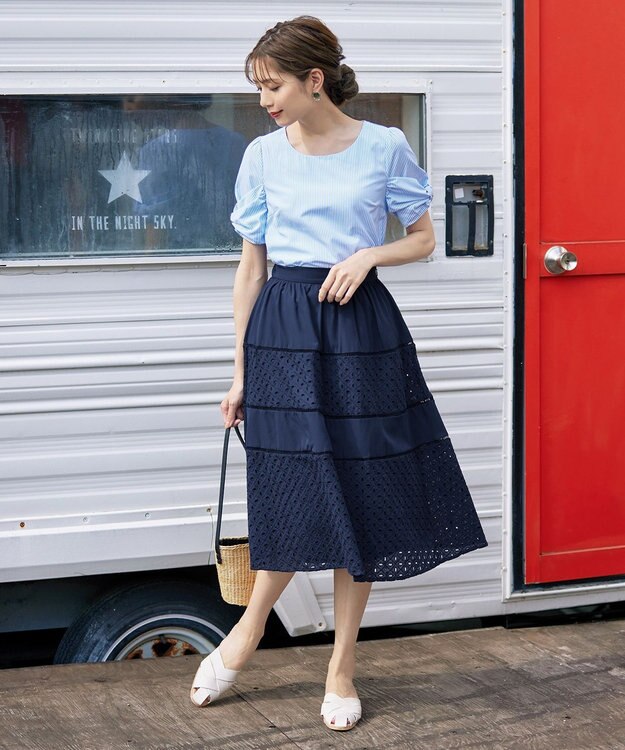 Tiaclasse 【洗える】リボン袖ブラウス サックスストライプ