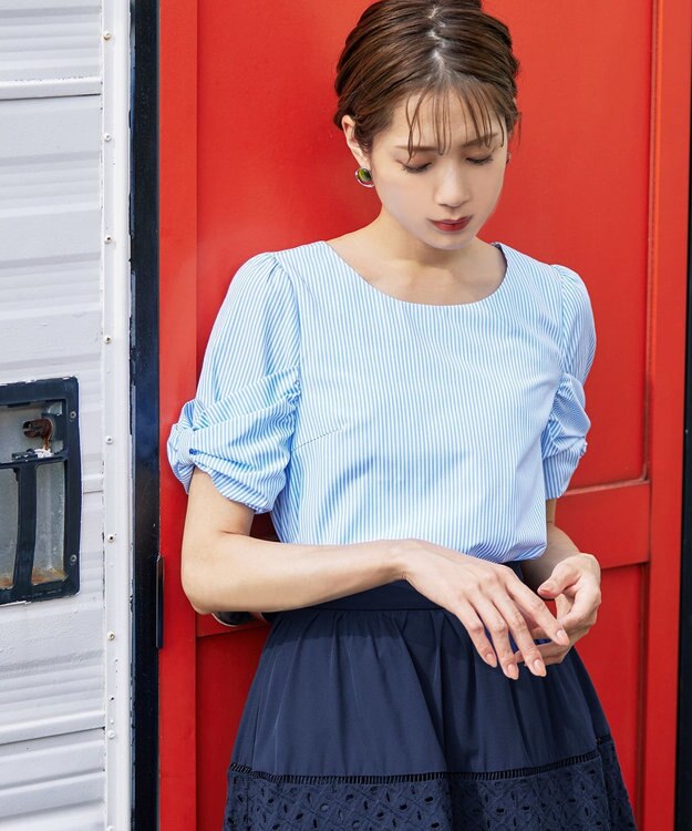 Tiaclasse 【洗える】リボン袖ブラウス サックスストライプ