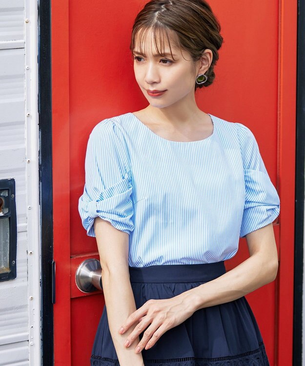 Tiaclasse 【洗える】リボン袖ブラウス サックスストライプ