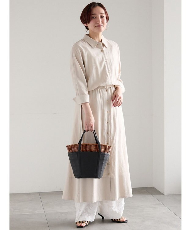 Te chichi レーヨンリネン共ベルトシャツワンピース ベージュ