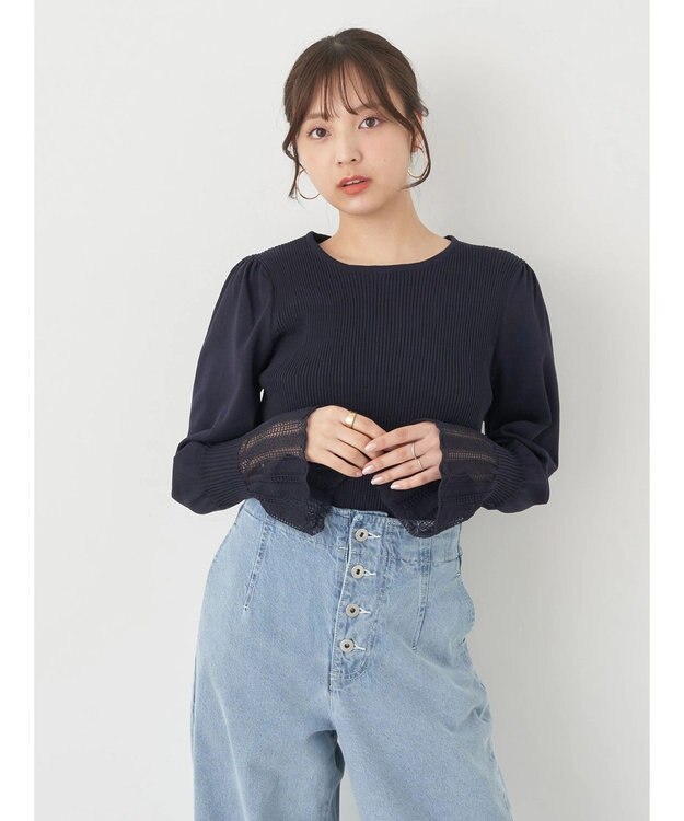 earth music&ecology 袖ポイントニットプルオーバー Navy