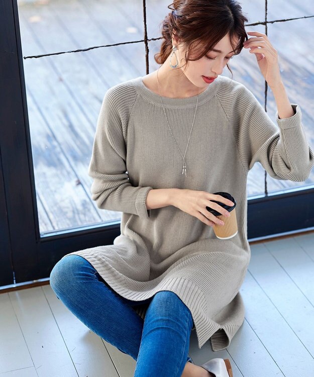 Tiaclasse L 【洗える】リラックス感のあるラグランスリーブニット グレージュ
