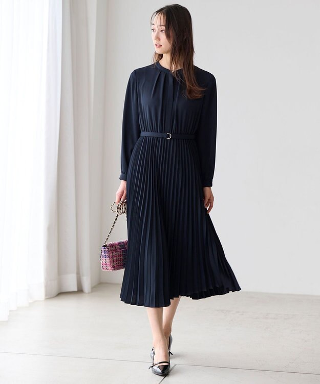 ANY SIS 【洗える】スタンドカラープリーツ ワンピース ネイビー
