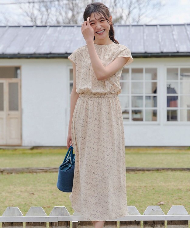 Tiaclasse 【洗える】花柄フレンチスリーブワンピース アイボリー