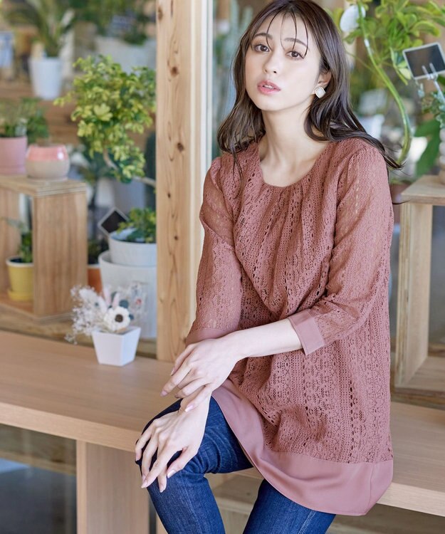 Tiaclasse L 【洗える】レースコンビチュニックブラウス モーヴピンク